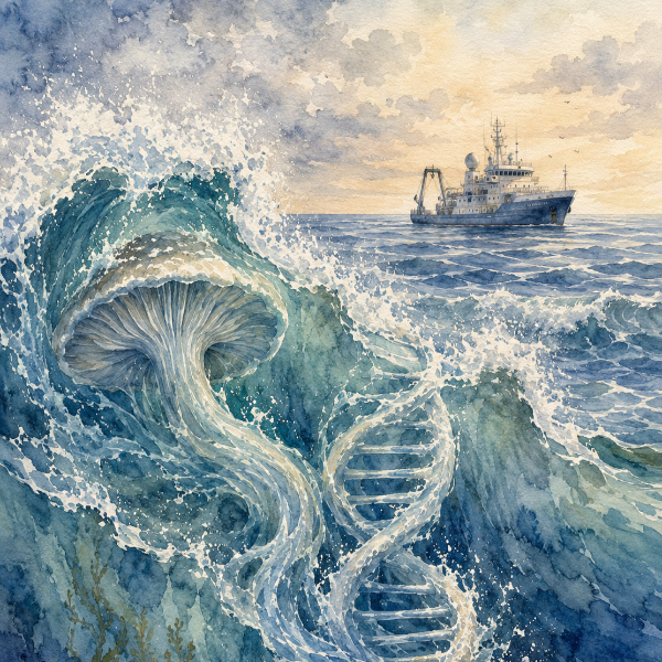 AI image of mushroom in ocean waves