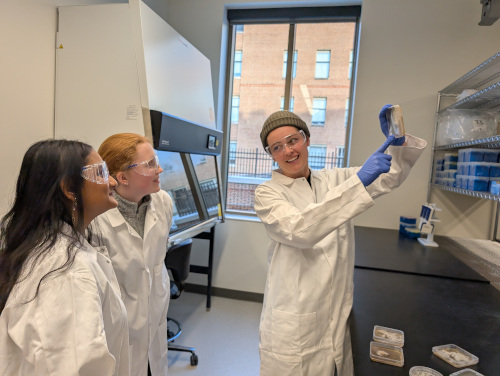 lab members looking at petri dish